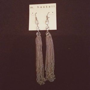 M. Haskell Silver Drop Earrings With Clear Beads and Hanging Chains